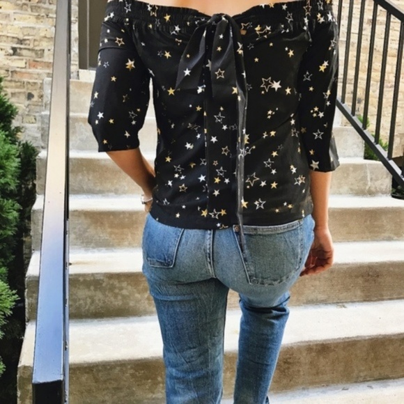 Gold Metallic Star Print Black Off Shoulder Top - Picture 2 of 8